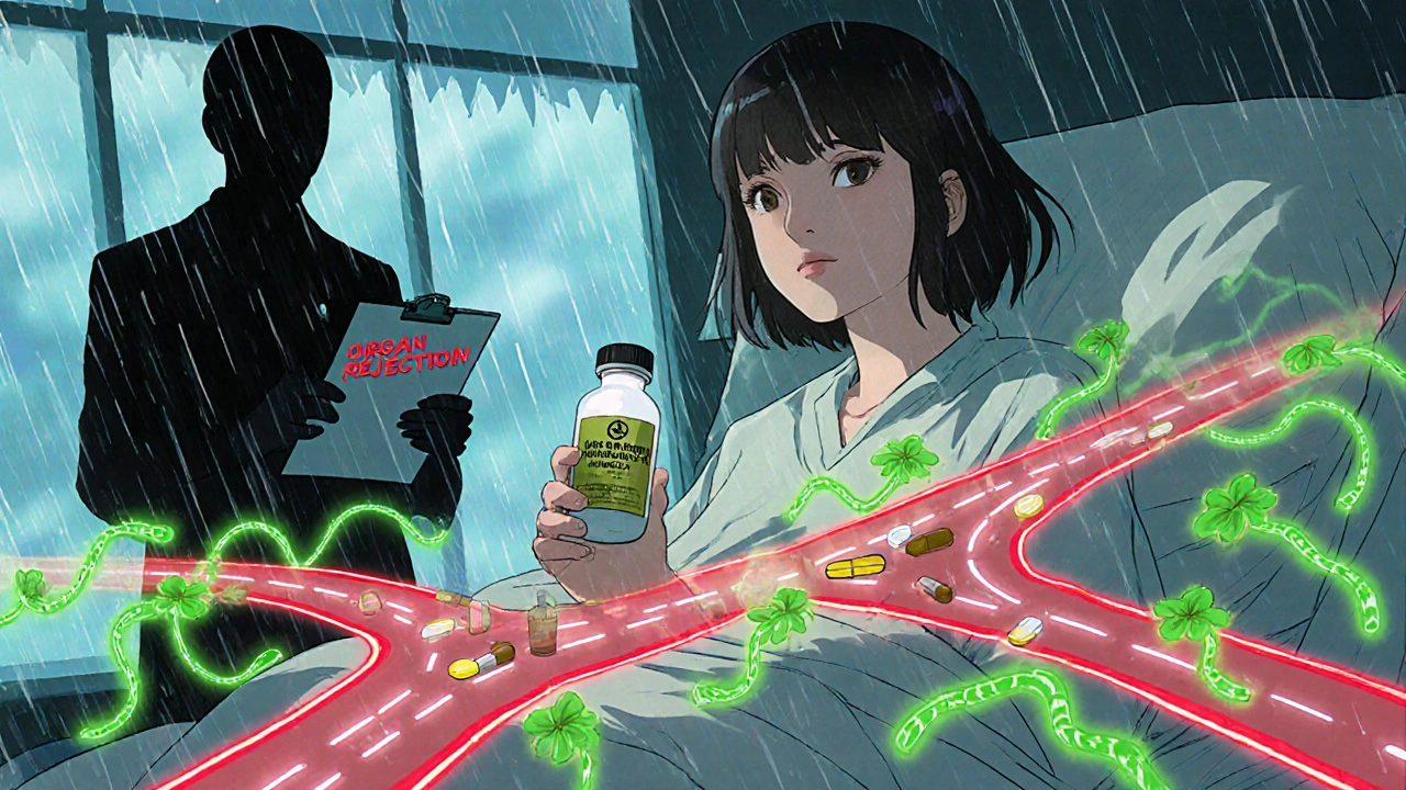 A woman realizes her blood flow is being disrupted by herbal tendrils, with organ rejection warning in the background.