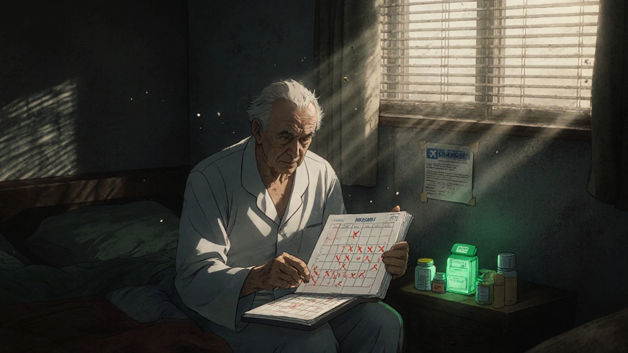 An elderly man checking a monthly calendar beside an open go-bag with labeled medication bottles.