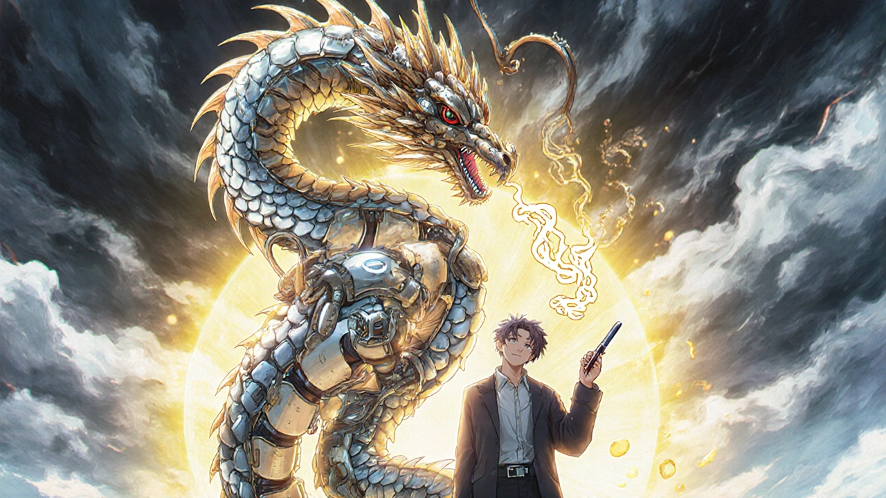 Biomechanical dragon system automating basal insulin while person holds bolus pen.