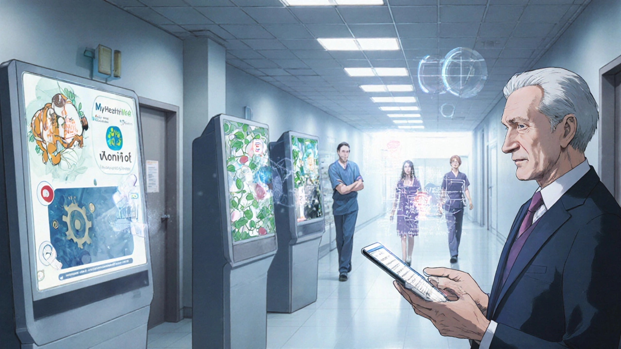 Clinic hallway with holographic healthcare platforms displayed, senior patient assisted by AI medication guide.