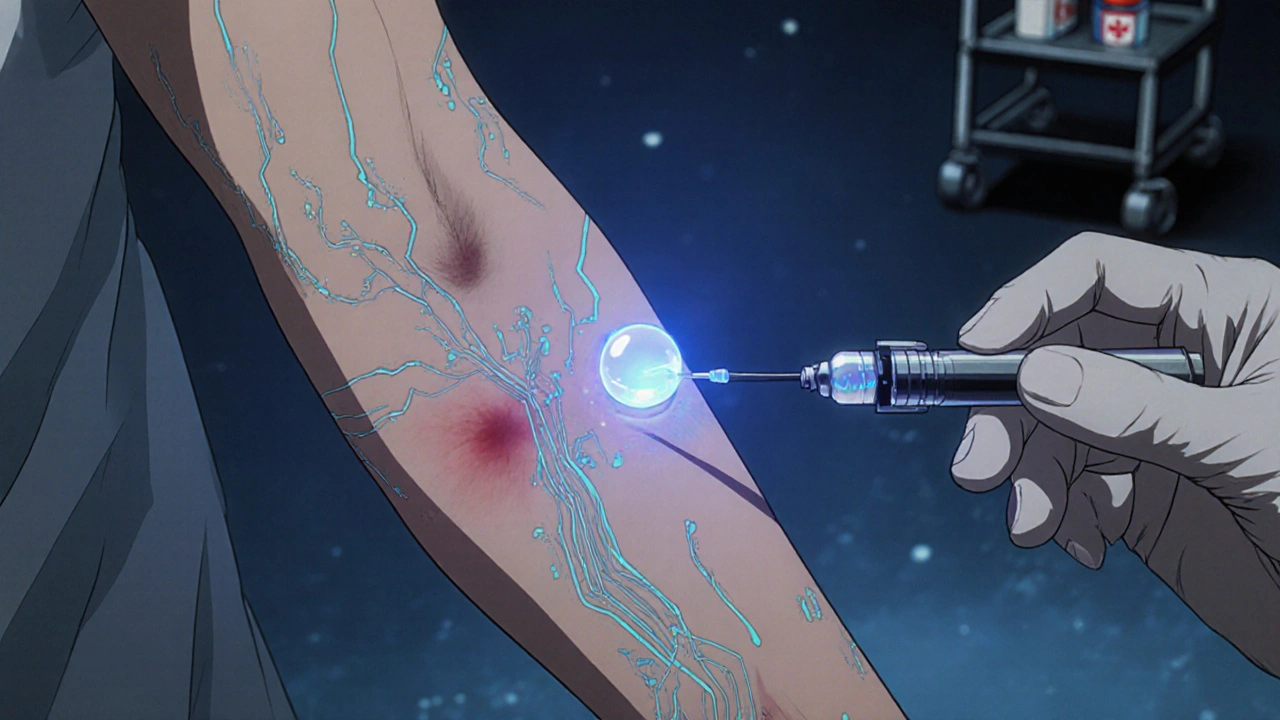 Close-up of a forearm during intradermal penicillin test, with a luminous bubble and detailed veins.