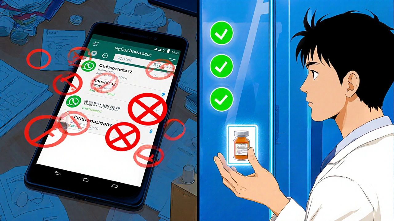 Contrast between unsafe WhatsApp message and secure health portal with pill bottle photo upload.