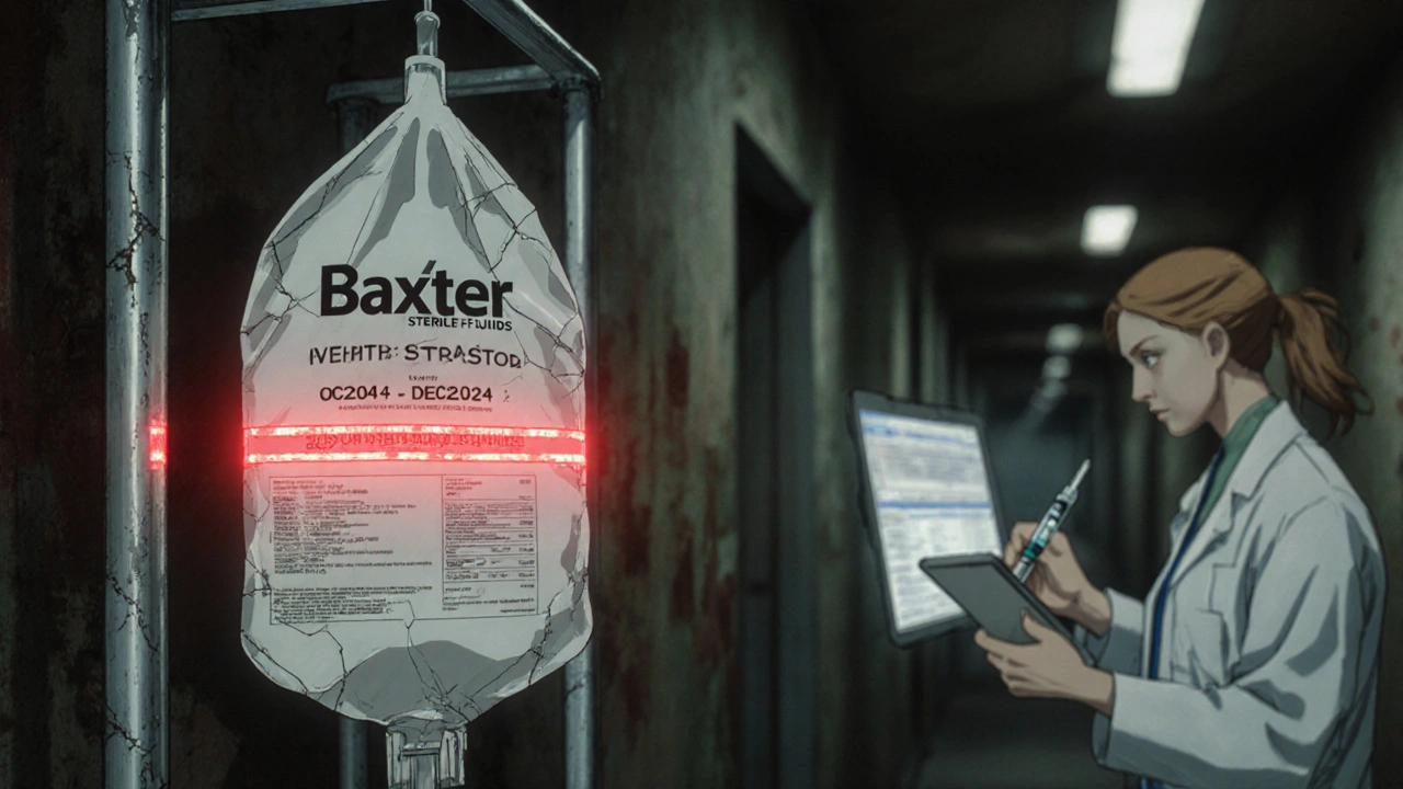 Cracked IV bag with projected extended expiration date, illuminated by a tablet showing FDA database updates.