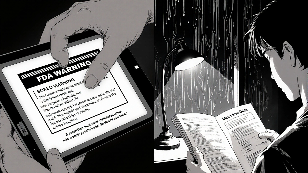 Doctor and patient viewing an FDA alert together under a pharmacy lamp, rain outside the window.