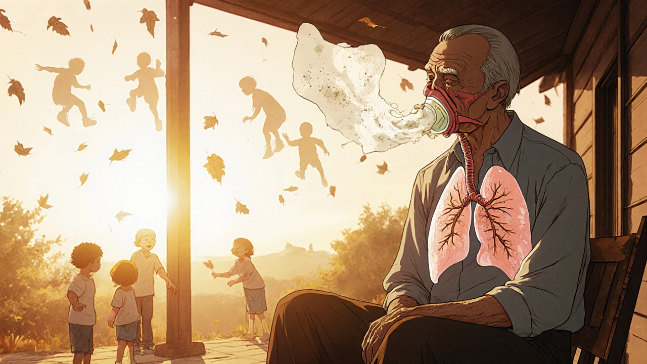 Elderly man on a porch at sunset, translucent damaged lungs visible above him as dust particles drift like falling leaves.