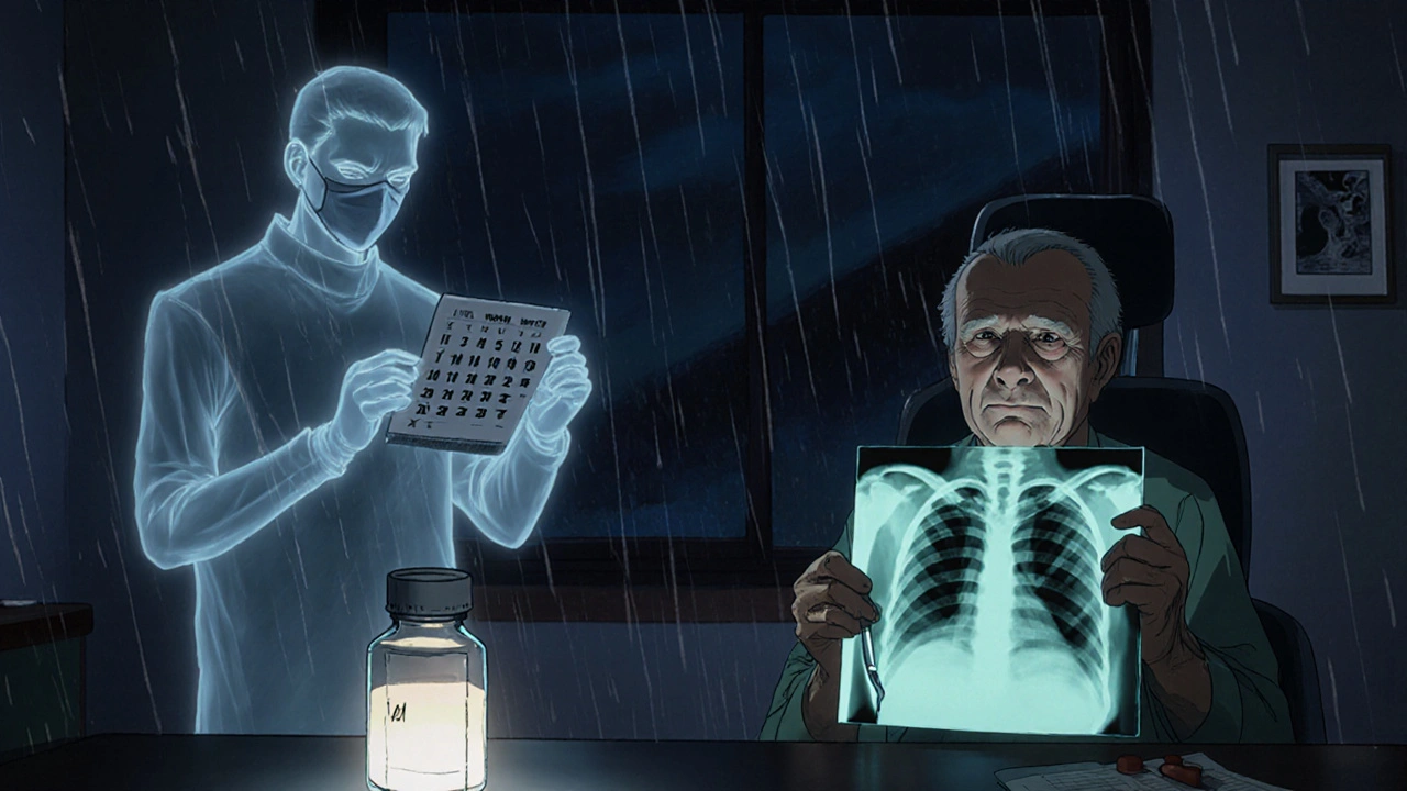 Elderly patient in dental chair with glowing jaw X-ray, dentist hesitating, pill bottle on counter.