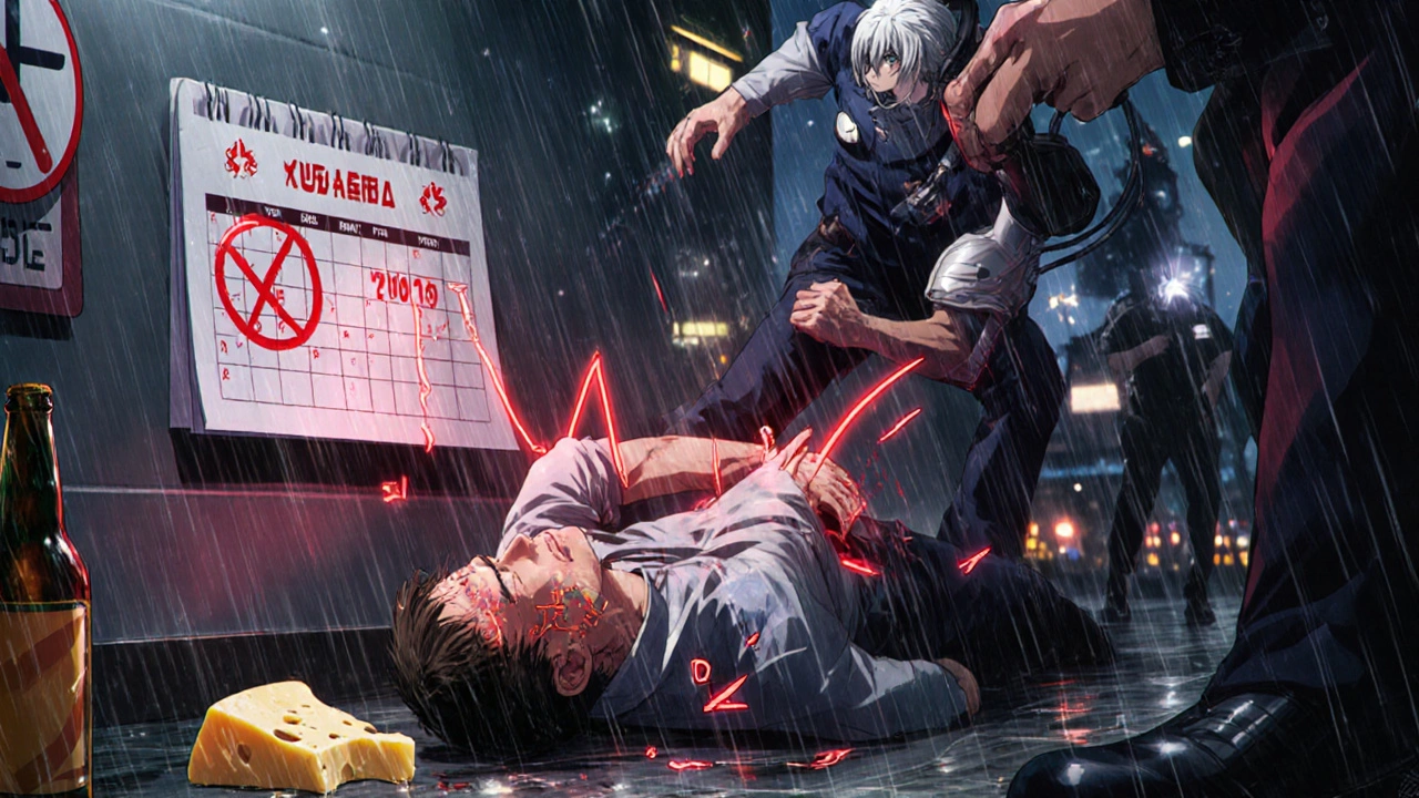 Emergency room scene with patient collapsed, blood pressure monitor spiking, beer and cheese nearby.