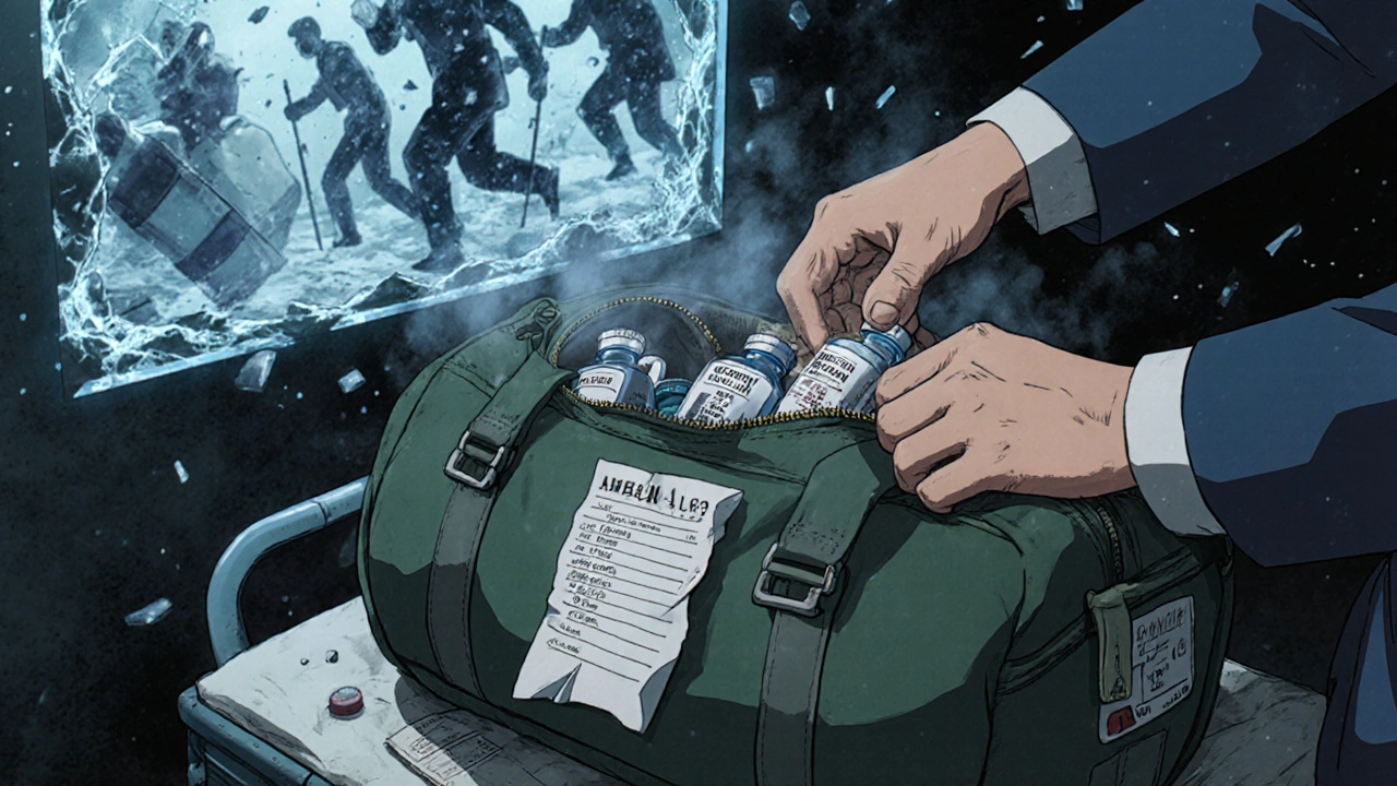 Hand placing insulin vials into a Frio Wallet on a hospital gurney during evacuation.