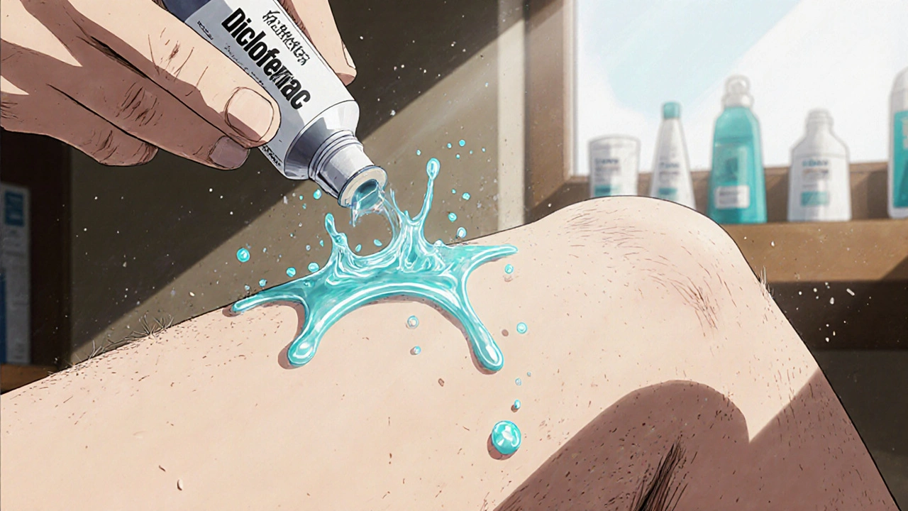 Hand squeezing NSAID gel onto a swollen knee, with microscopic molecules neutralizing pain signals.