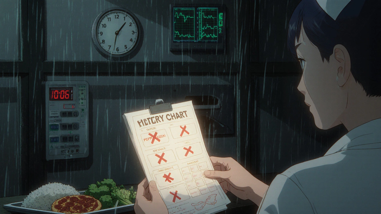 Hospital patient receiving dietary advice with red Xs over risky foods and a countdown to safety.