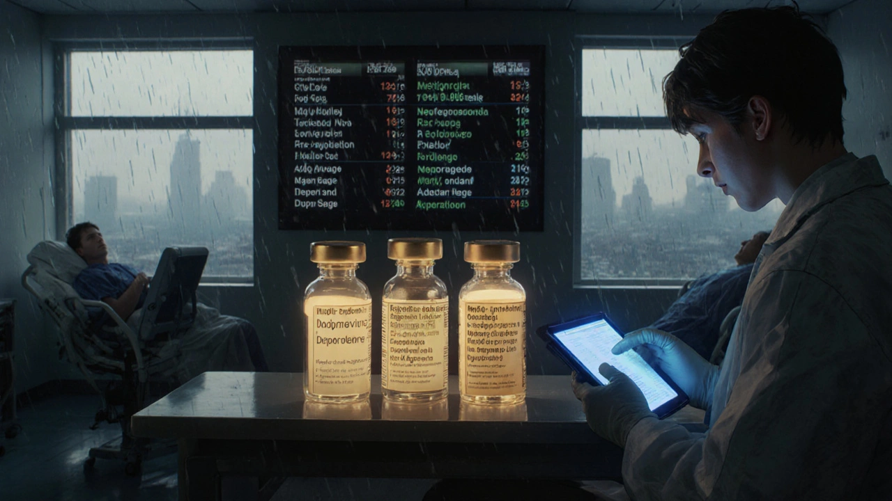 ICU scene with three life-saving drugs glowing with FDA-approved extensions, digital display showing lot numbers in the background.