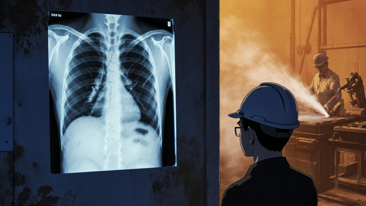 Medical X-ray of scarred lungs projected on a wall, with a water spray nozzle reducing dust at a saw station.