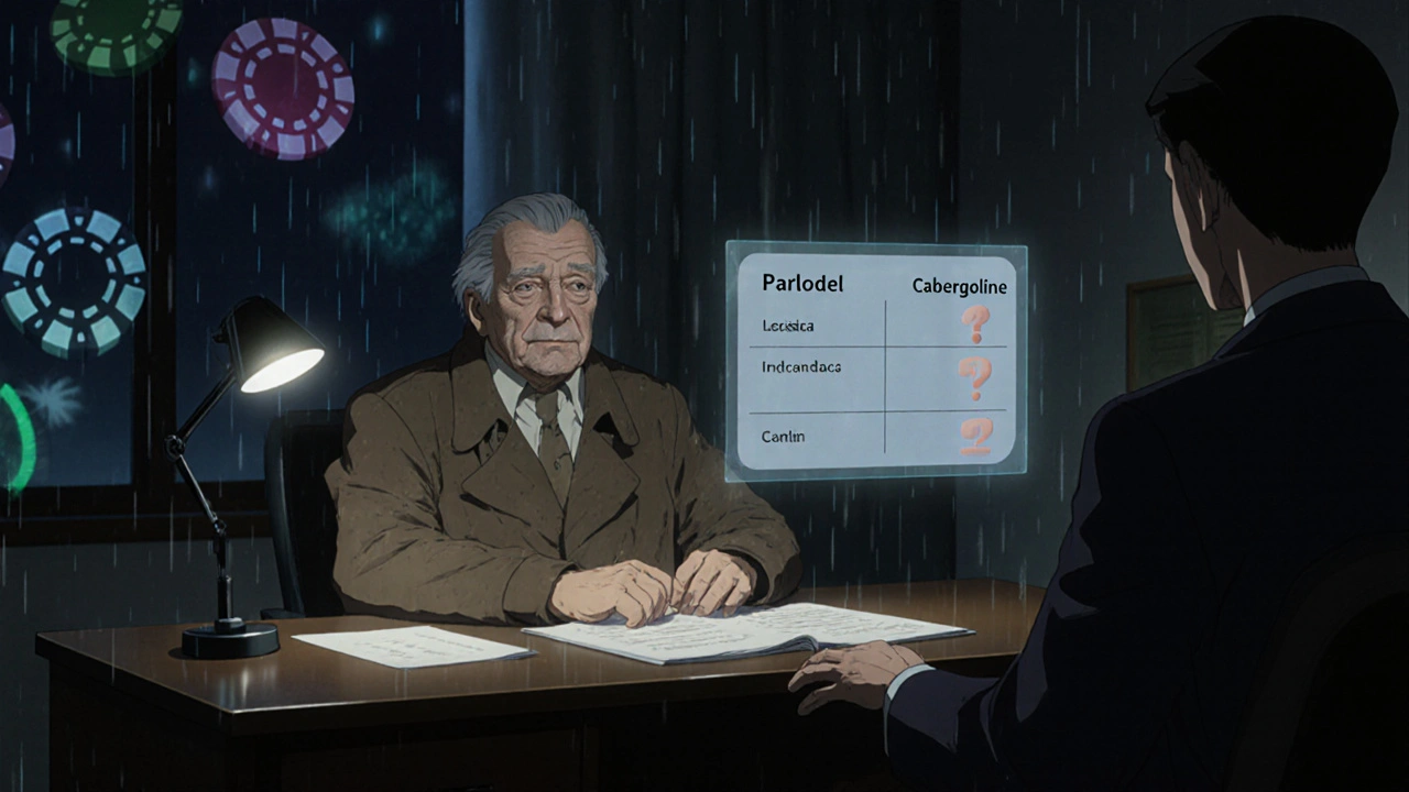 Neurologist and patient in office, floating drug comparison chart, shadows of side effects