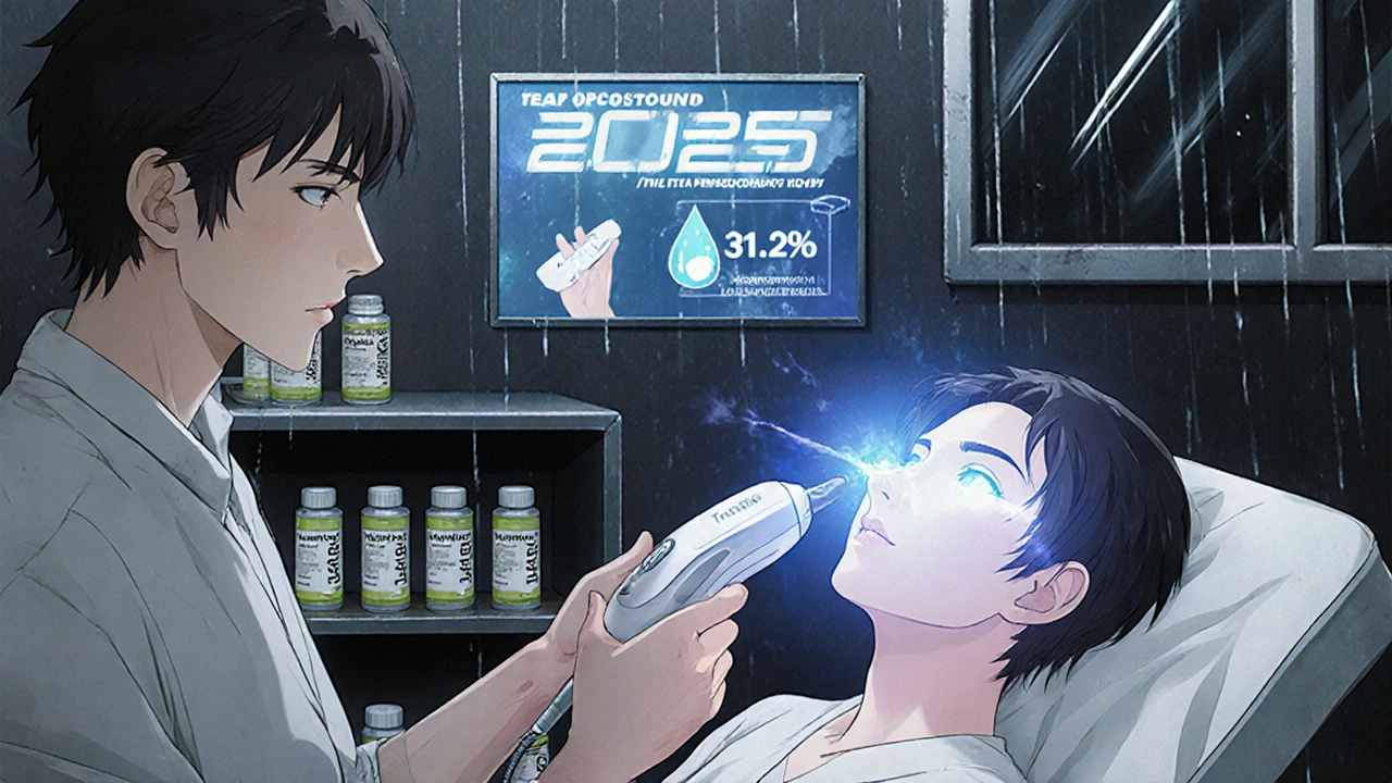 Patient receiving electric tear stimulation device in a high-tech eye clinic with holographic data projections.