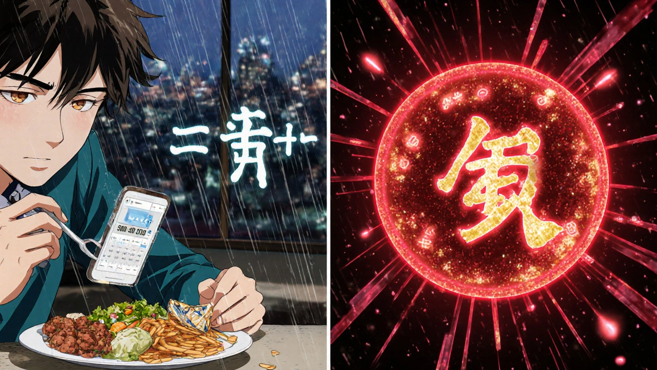 Person eating meal with floating carb-counting app and insulin molecules neutralizing sugar.