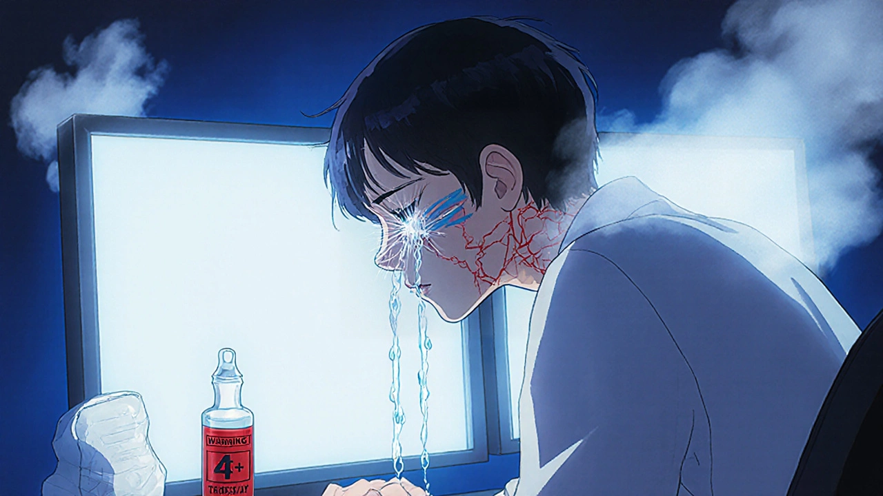 Person staring at a screen with tears running down cheeks, ghostly tear film evaporating above their eyes.