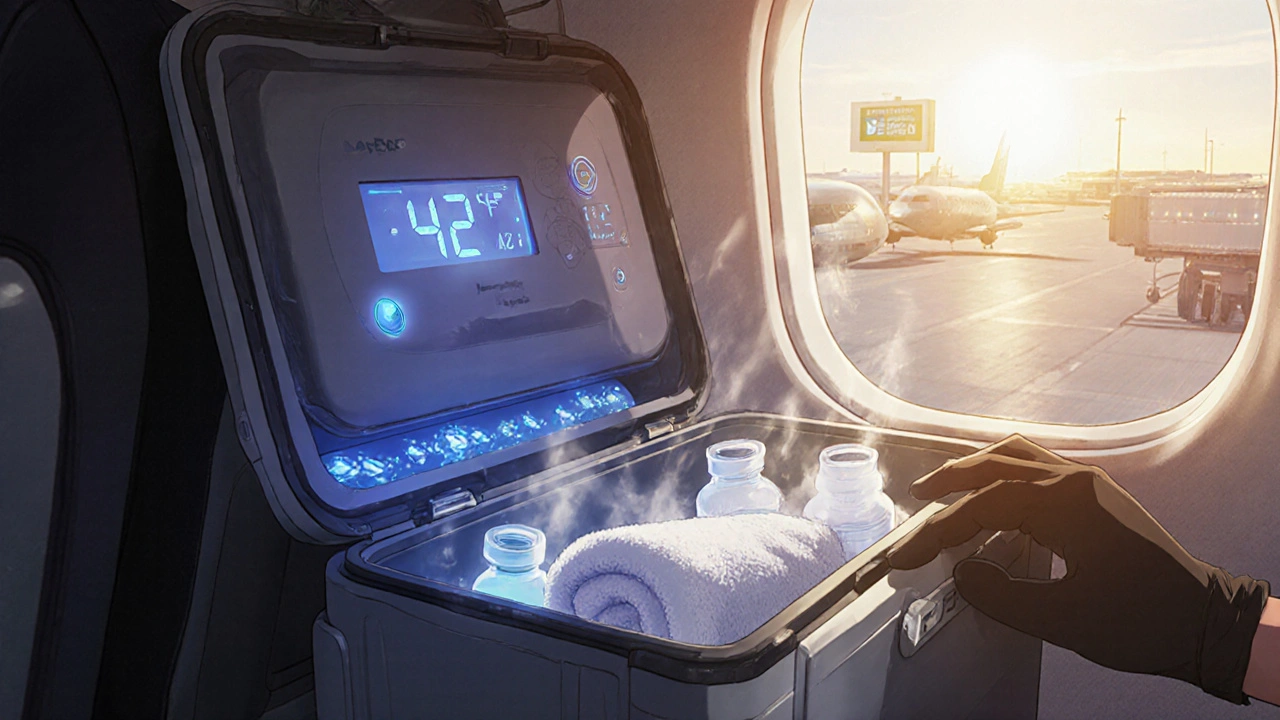 Pharmaceutical cooler with insulin vials insulated in towels on an airplane.