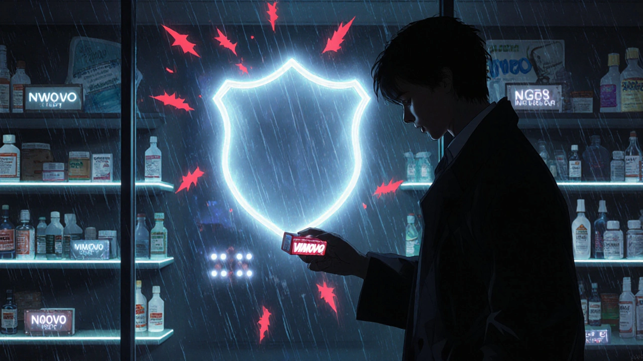 Pharmacy at night with someone taking Vimovo as a protective shield blocks bleeding ulcers in the background.