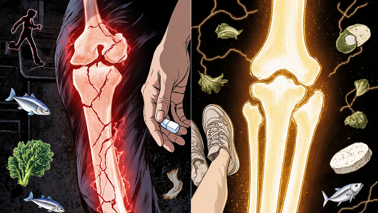 Split image showing fractured and healthy bone, with pill and walking shoes between them.