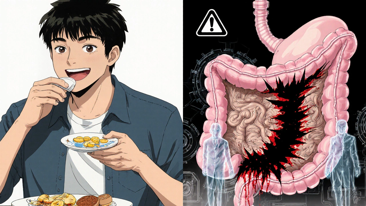 Split scene: man taking naproxen while his stomach lining dissolves into black fissures with bleeding.