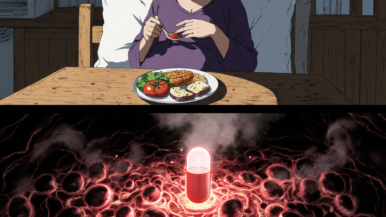 Split scene: pregnant woman eating safely above, abstract stomach valve with omeprazole below.