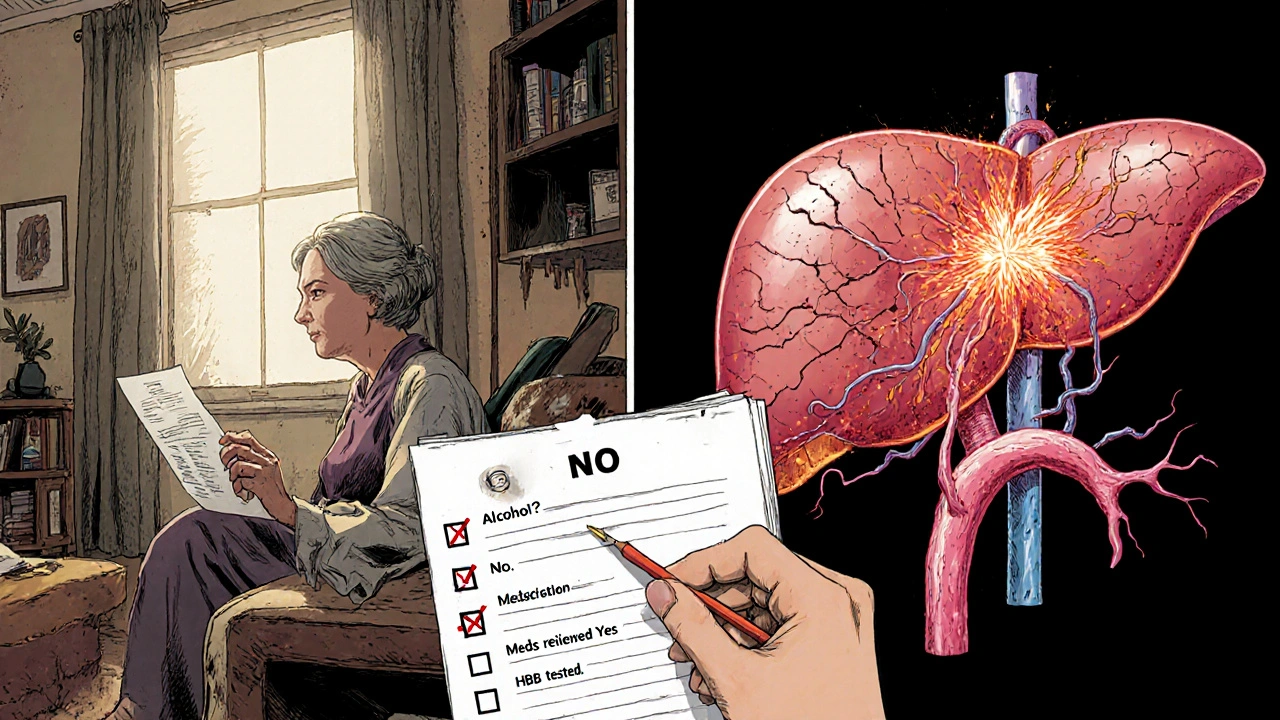 Split scene: woman realizes she missed hepatitis B test, her liver glows with reactivation, doctor&#039;s checklist shows critical omissions.