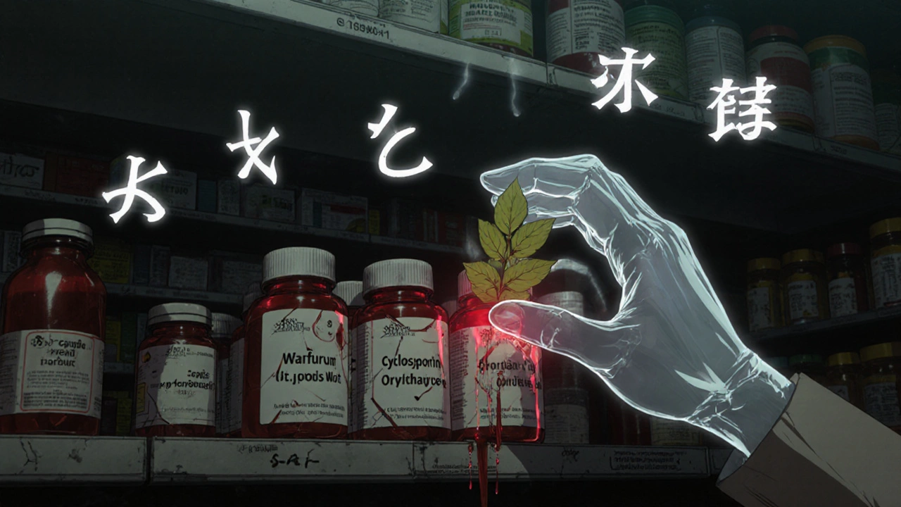 St. John’s Wort bottles glow ominously on a pharmacy shelf beside cracked prescription labels, a ghostly warning hand stopping the reach.