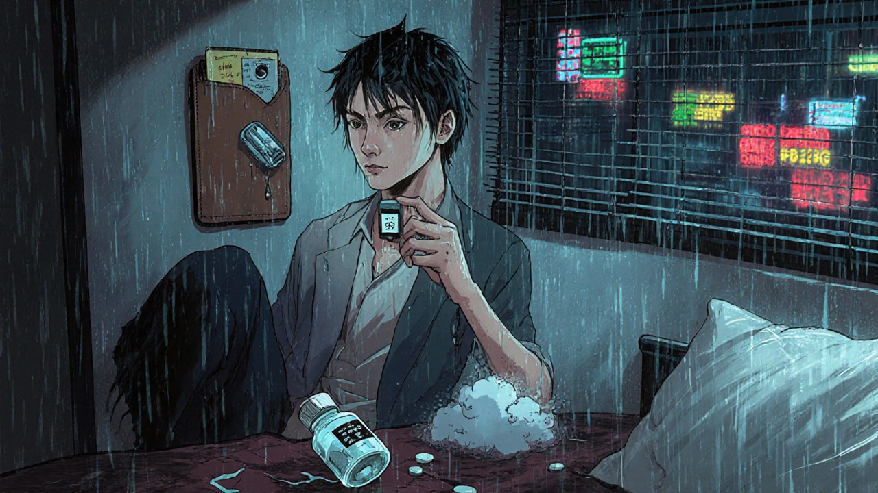 Traveler checking hotel room temperature as degraded pills leak on the floor.