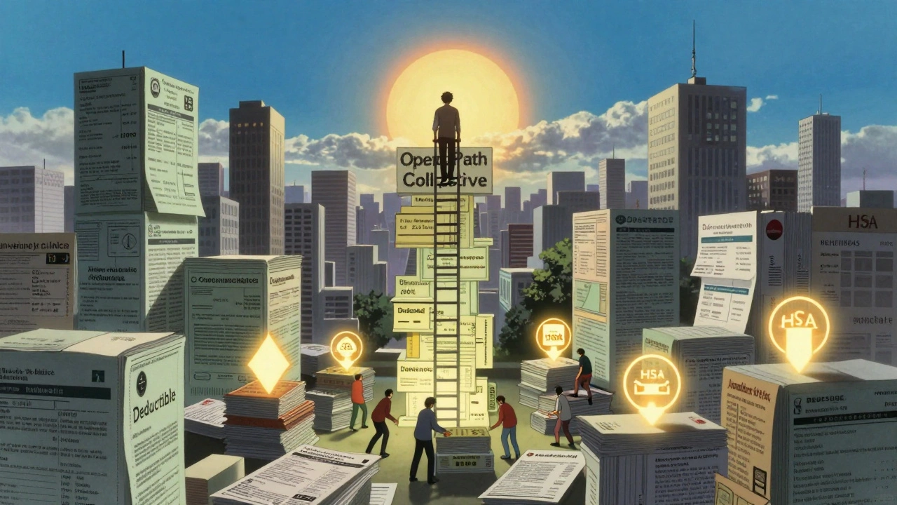 A city built from medical bills with a climber heading toward a light labeled &#039;Open Path Collective&#039;.