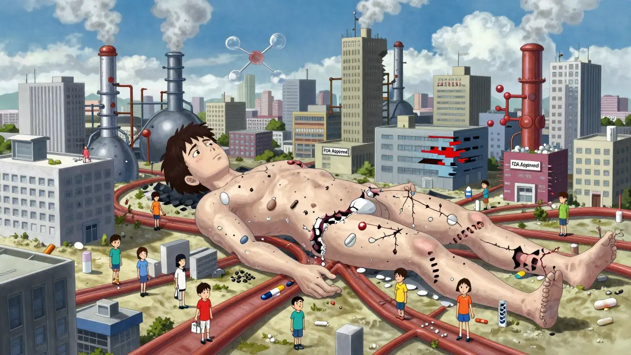 A city shaped like a human body has drug factories emitting molecular smoke, some stable, others glitching with risk.