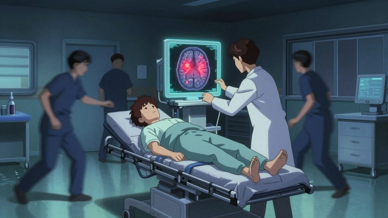 A doctor shows an MRI scan with brain lesions to a patient in an emergency room under neon lights.