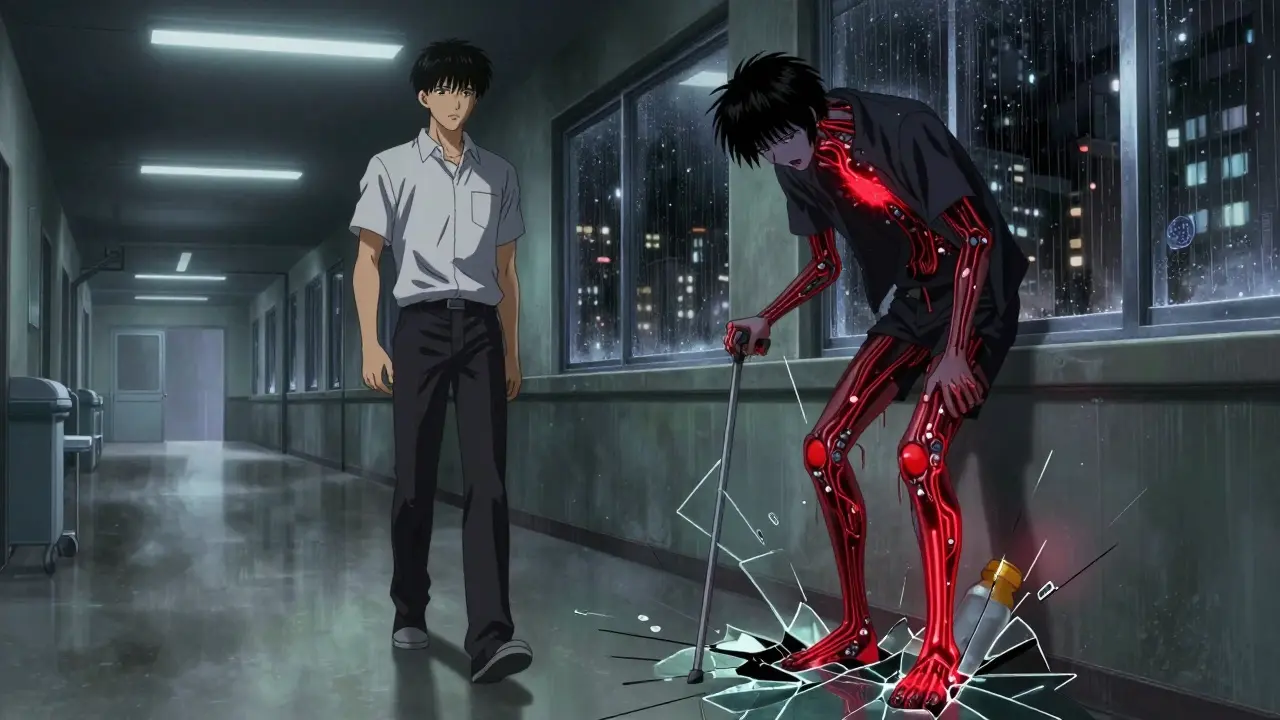 A fractured mirror showing a healthy person and a damaged one with glowing nerve damage crawling up their legs.