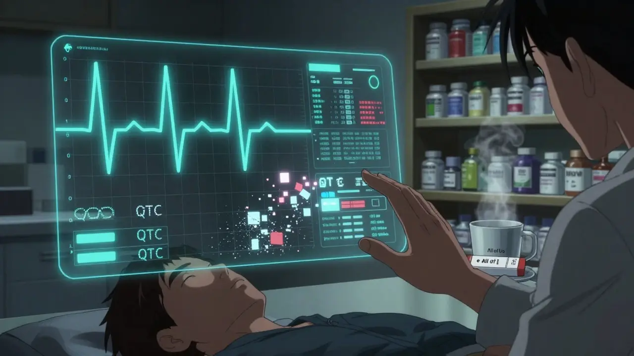 A futuristic AI analyzing an ECG with T-wave vectors, while faded manual readings crumble, pharmacy shelves in background.