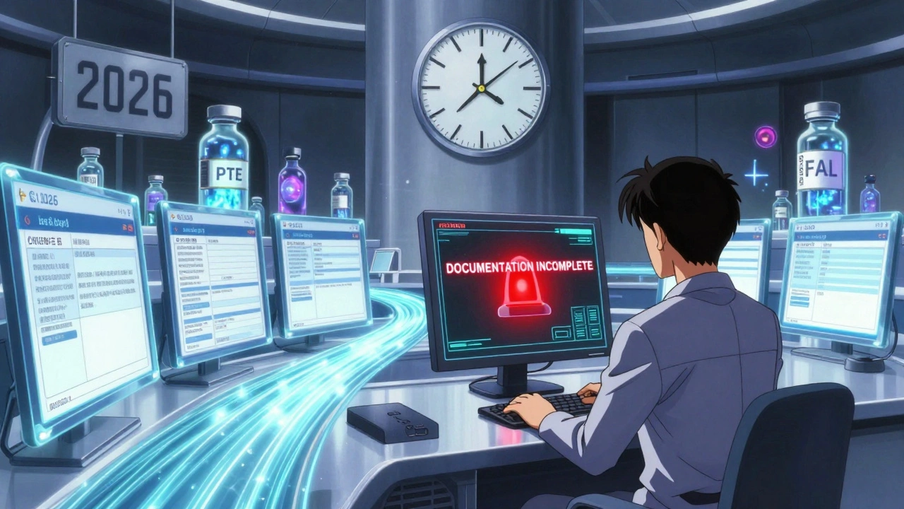 A futuristic FDA digital hub with real-time PTE applications and a blinking &#039;INCOMPLETE&#039; alert.