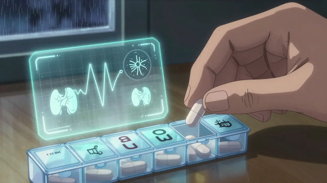 A hand placing a thyroid pill in an organizer, with floating graphs and rain-streaked window.