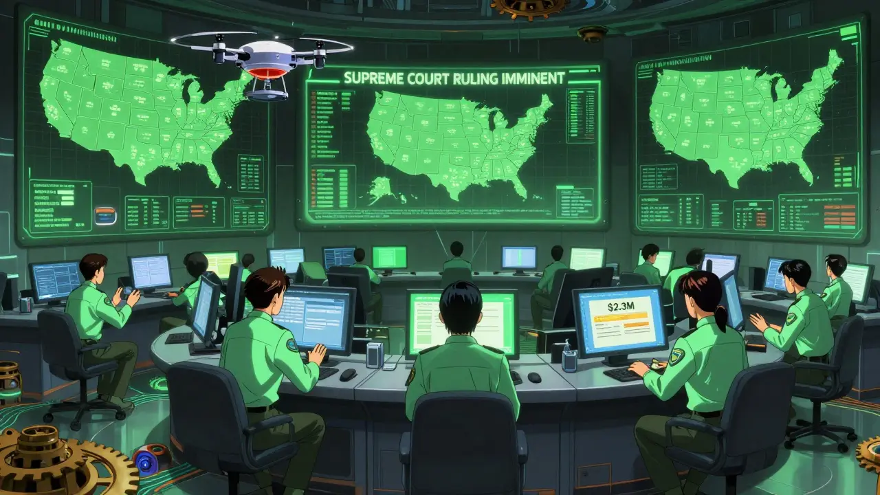 A high-tech compliance center with AI drones and staff monitoring real-time regulatory changes across the U.S.