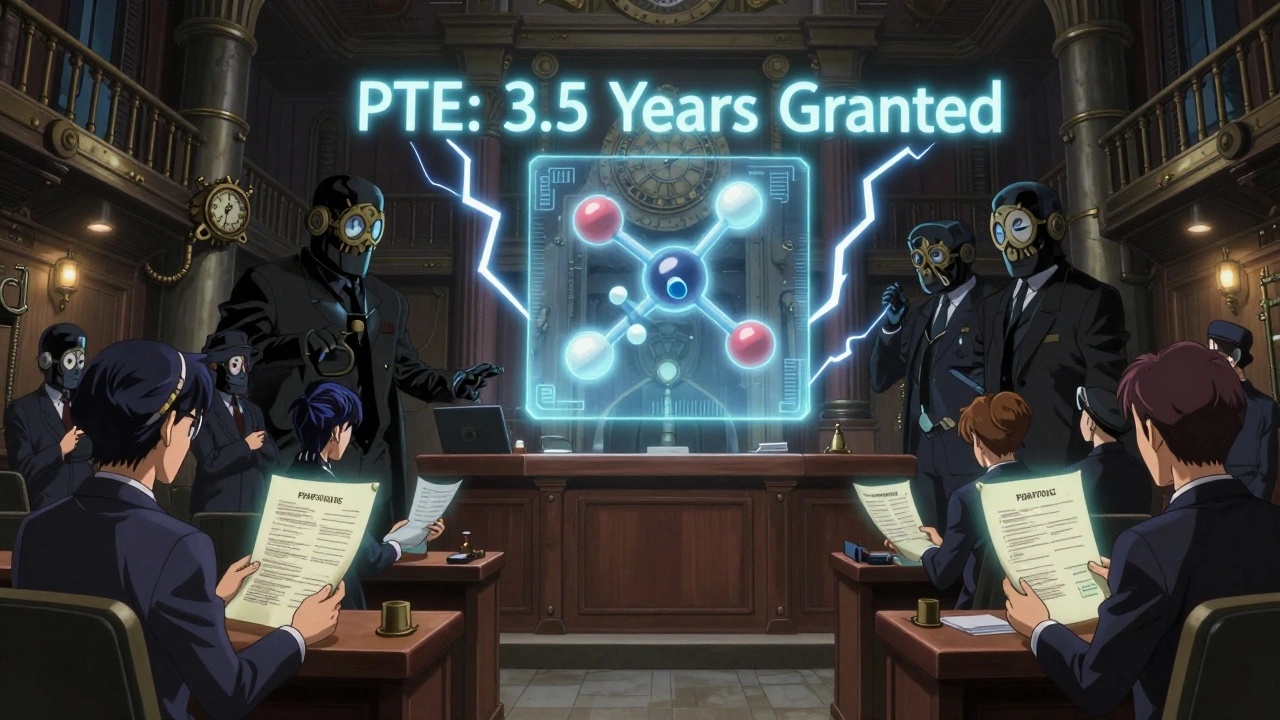 A holographic drug molecule in a steampunk courtroom, pitting patent attorneys against generic manufacturers.