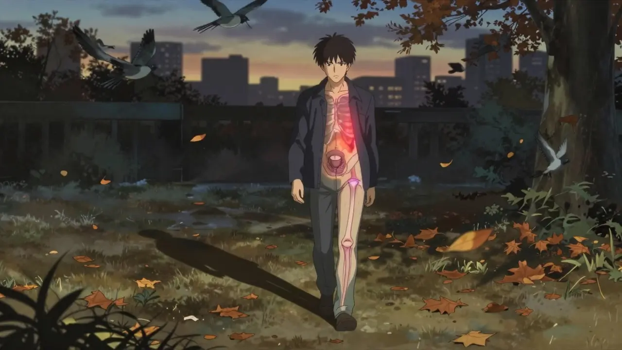 A man walking at dusk, one side of his body translucent showing surgical healing, the other glowing with radiation energy.