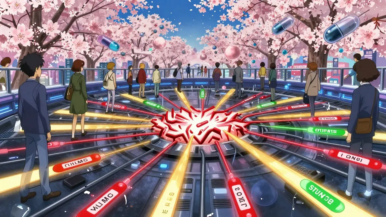 A neon-lit medical data network transforms false allergy labels from red to green across a city.