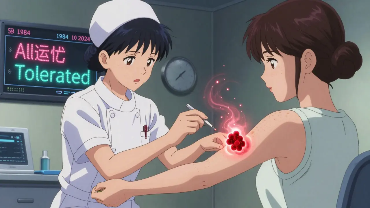 A nurse performs a skin test; the allergic reaction dissolves into light as the medical record updates.