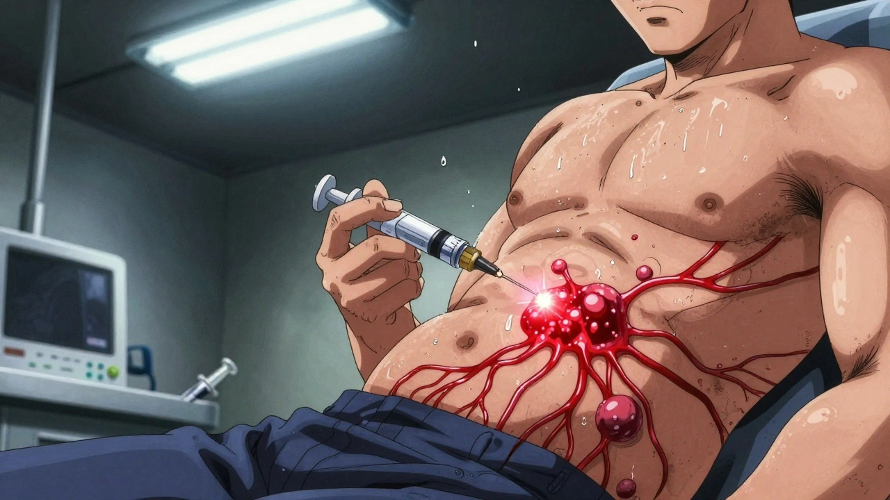 A patient injecting insulin with fatty lumps visible under skin in a hospital setting.