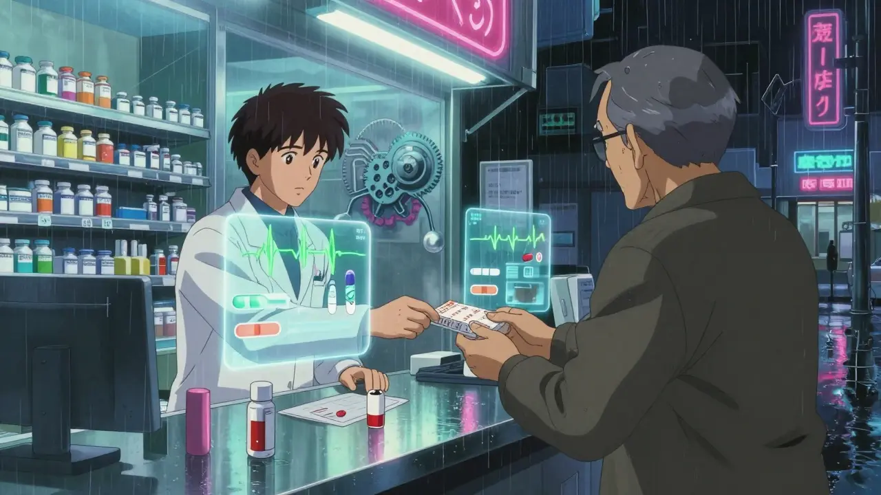 A pharmacist hands a prescription to an elderly patient in a neon-lit pharmacy, with abstract drug data overlays in the air.