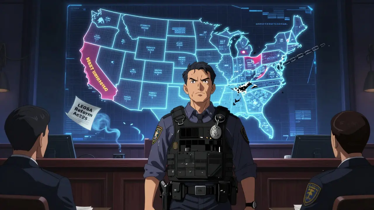 A retired officer in a courtroom as holographic state gun laws clash behind him, chains breaking in the air.