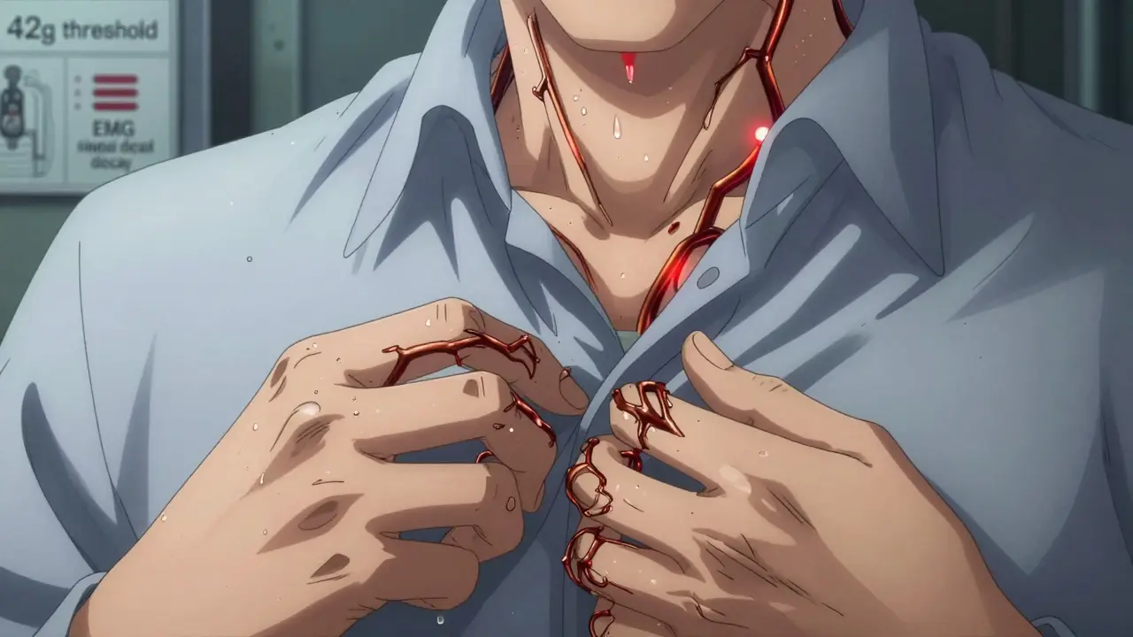 A trembling hand struggling to button a shirt, nerves sparking like frayed wires under harsh light.