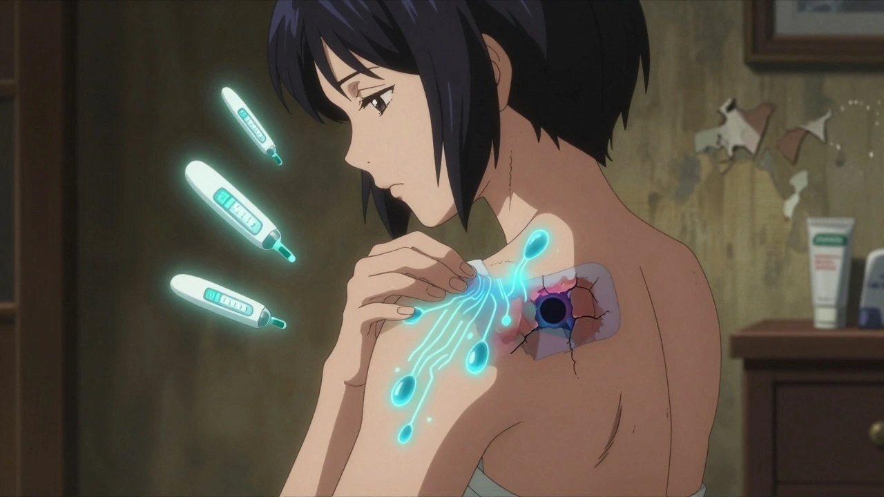 A woman applying a transdermal patch with glowing drug molecules entering her skin.