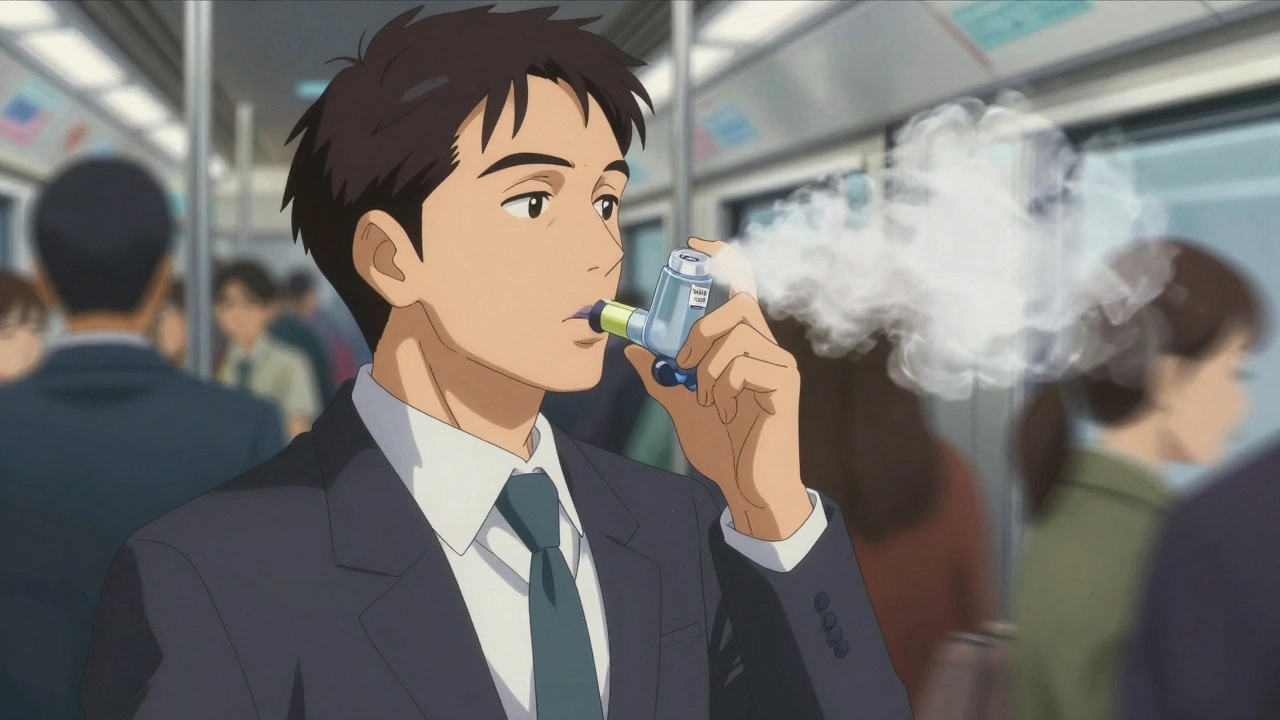 An adult using an inhaler with a spacer on a crowded train, breath visible in the air.