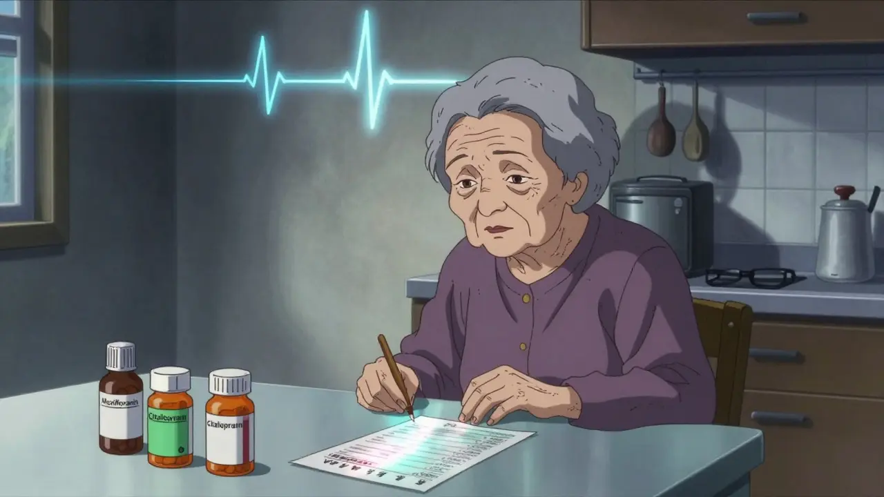 An elderly woman surrounded by prescription bottles, a ghostly heart rhythm swirling above her under cold kitchen lighting.
