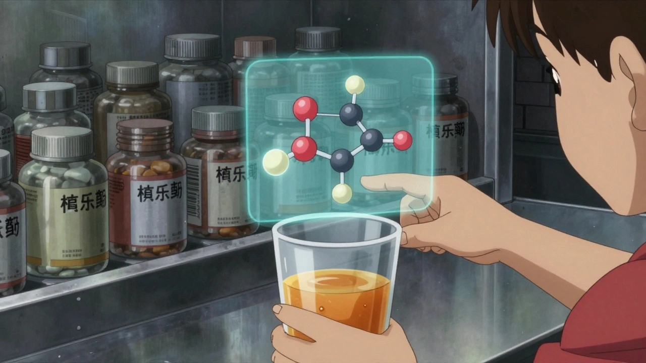 Child placing generic pill in juice with holographic molecular match overlay, symbolic pill cityscape.