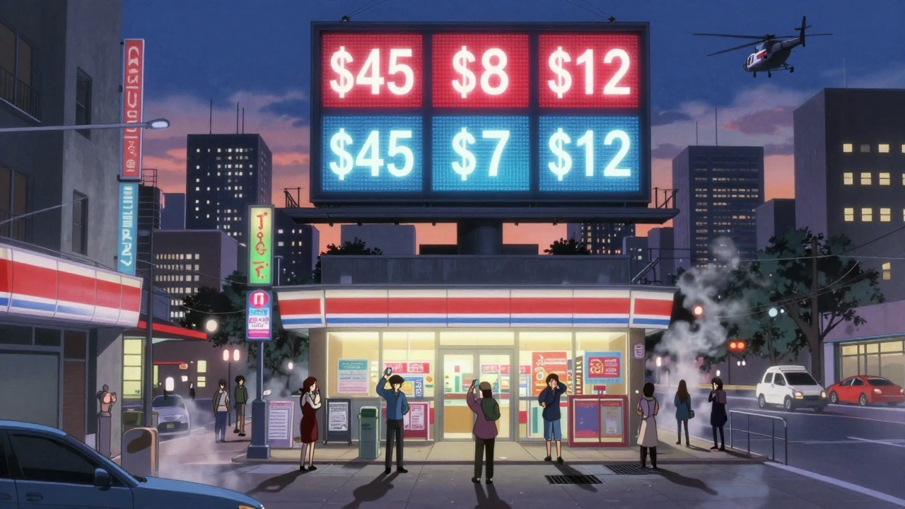 Cityscape at dusk with glowing pharmacies and digital drug prices flickering above tiny people with coupons.