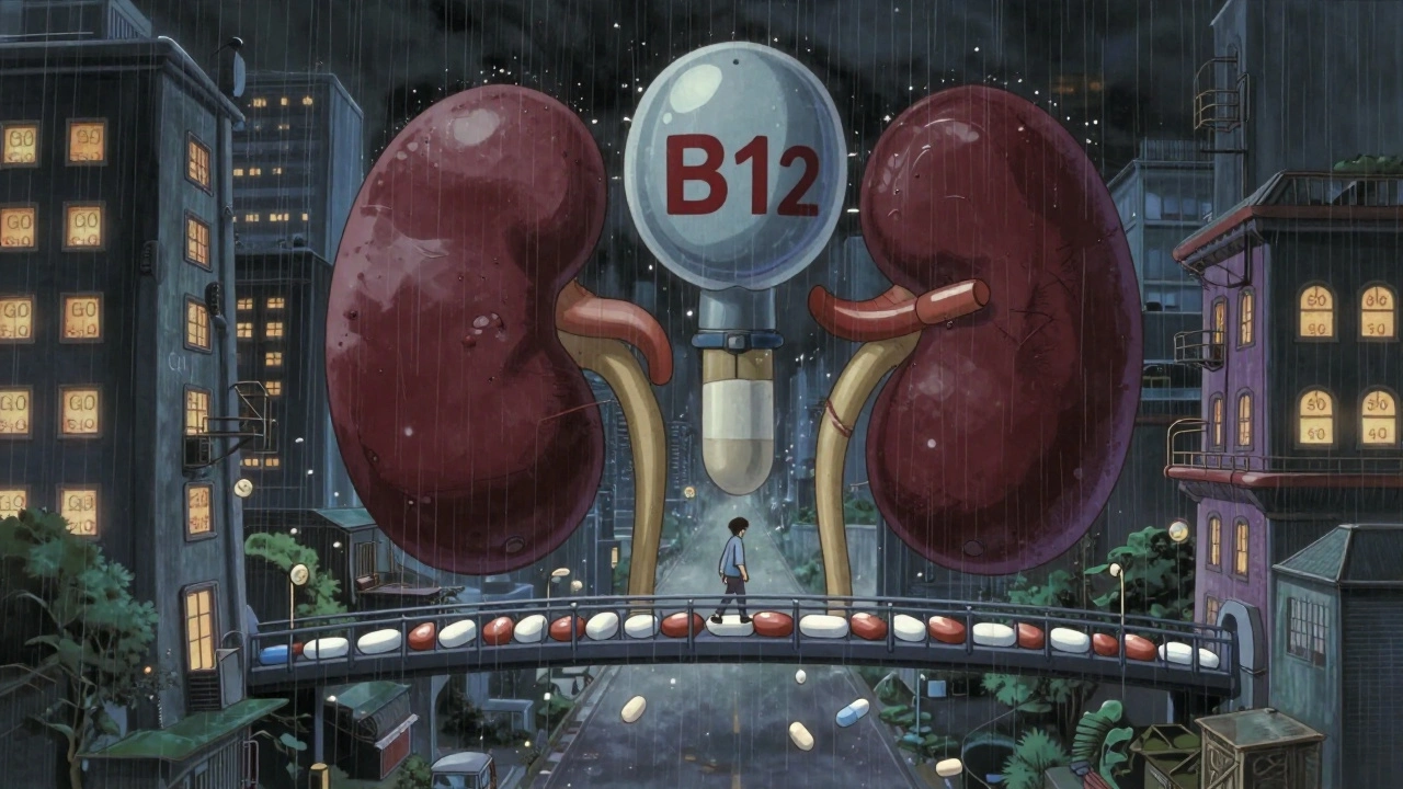 Cityscape of kidney-shaped buildings with eGFR windows and B12 molecule floating above.